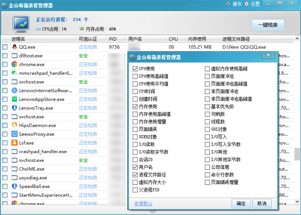 Windows 金山毒霸进程管理器_v9.0 绿色便携版